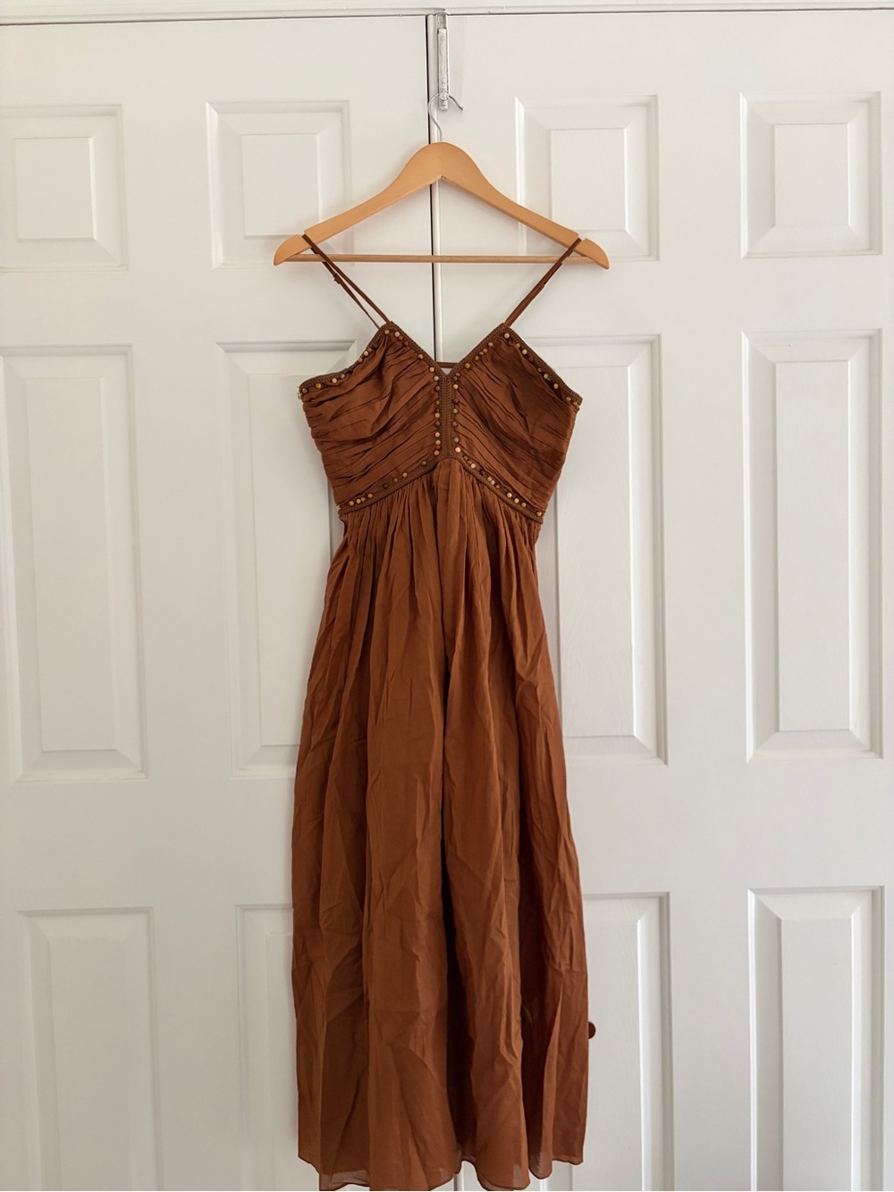 A.L.C. Rust Brown Spaghetti Strap Maxi Dress with Stud Accents